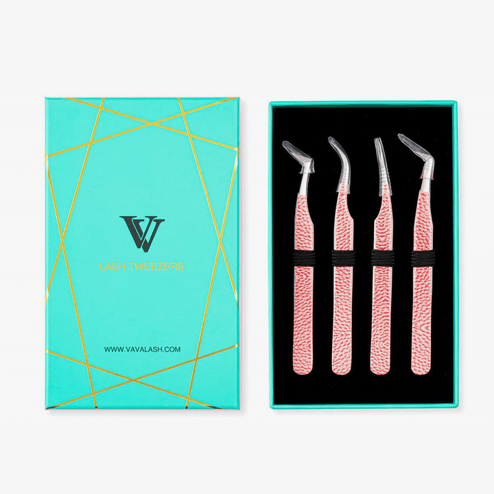 Pink Leather Pattern Professional Eyelash Extensions Tweezers Kit