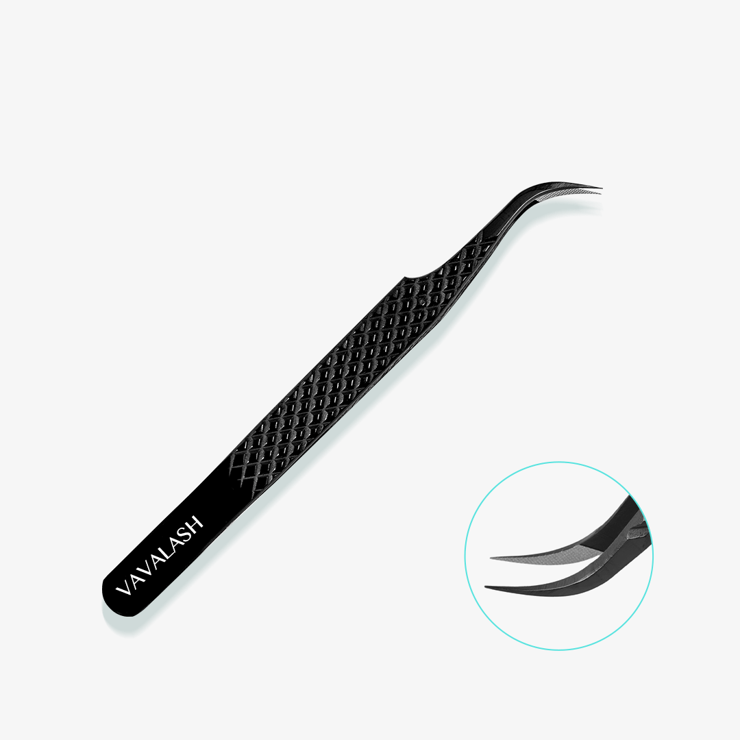 VA-02 Fiber Tip Black Coated Curved Tweezers for Volume Lashes
