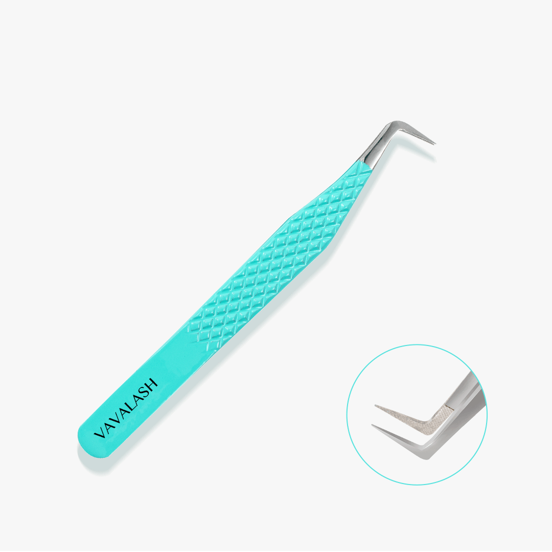 VG-02 Fiber Tip Blue Coated Curved Tweezers for Volume Lashes 