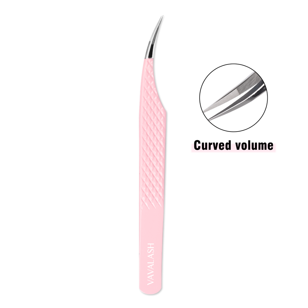 VC-07 Fiber Tip Light Pink Coated Curved Tweezers for Volume Eyelash Extensions