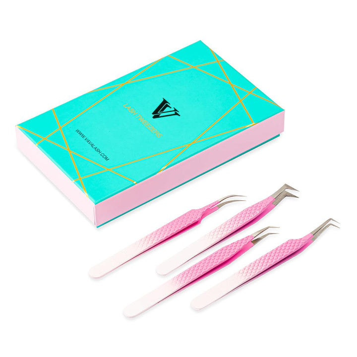 Ombre Pink-White Professional Eyelash Extensions Tweezers Kit