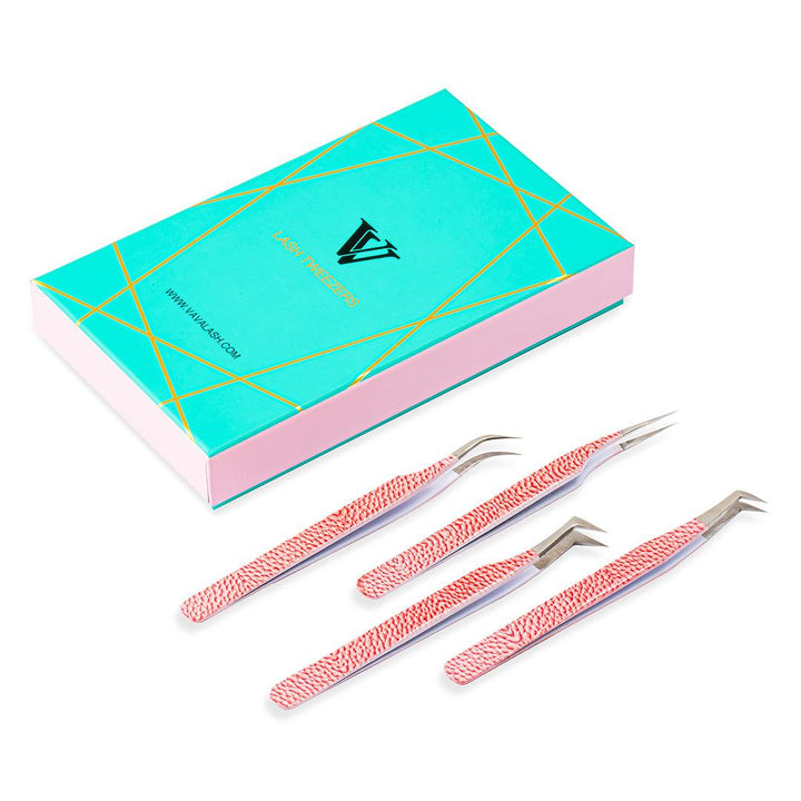 Pink Leather Pattern Professional Eyelash Extensions Tweezers Kit